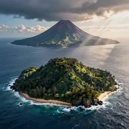 an island from afar with forests, beaches and a volacano in open ocean, john avon, artstation