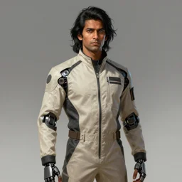 Portrait of a cyborg man by Greg Rutkowski, he is about 30 years old, indian, cybernetic eyes implants, messy long black hair, slim and tall, he is wearing utilitarian beige black jumpsuit, highly detailed portrait, digital painting, artstation, concept art, smooth, sharp foccus ilustration, Artstation HQ.