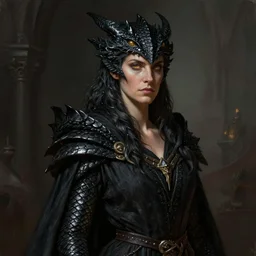 medium-length portrait of a female dragonborn wizard with black scales and golden eyes, serious expression, wears a beautiful flowing dark robe, medieval setting, highly detailed, digital painting, artstation, concept art, sharp focus, illustration, art by greg rutkowski and alphonse mucha