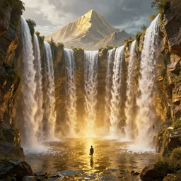 dungeon in a flooded golden bank, waterfalls spilling from the giant walls, on top of a mountain, by peter mohrbacher dan mumford craig mullins nekro, cgsociety, pixiv, volumetric light, 3 d render