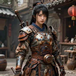 detailed ultrarealistic photography of rustpunk rustic robust street warrior japanese girl, greg rutkowski, greg hildebrandt artstation mignola cinematic, full shot