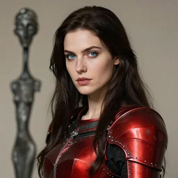 fantasy woman, long dark brown hair, red and black armor, blue eyes, highly detailed, perfect facial detail, beautiful, elegant, high fantasy, style of artgerm, rutkowski, giacometti,