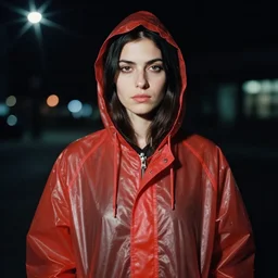 detailed and realistic portrait photography at night of a woman wearing a translucent red raincoat with hoodie by Steve McCurry. Cinematic. Lens flare. Portra 800 film. Helios 44m. Neo noir style.
