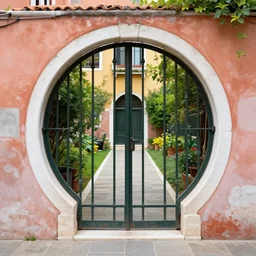 circular gate in a colorful wall, leading to a garden. venice architecture. fantasy. detailed. smooth. sharp focus. trending on arstation. artist greg rutkowski.