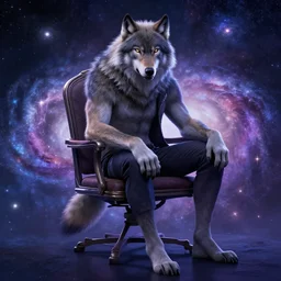 a wolf like a human sitting on the chair in a galaxy, digital art, Marvel Comics, trending on ArtStation, detalied, high quality