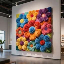 : colorful abstract puffy floral sculpture art on the wall in modern architecture studio, meow wolf, cinematic lighting, hyper - realistic, detailed, render by c 4 d octane, unreal engine, 8 k 3 d render