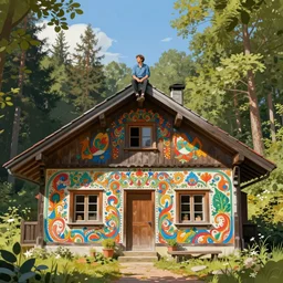 man sitting on roof of forest cottage, sunny day, vibrant colors, intricate mural, highly detailed, digital painting, trending on artstation, sharp focus, illustration, art by artgerm and greg rutkowski and magali villeneuve