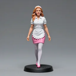 80mm resin detailed miniature of a Scarlett Johansson as Waitress, white blouse, Pink tight mini-skirt, white apron, White tights, smile, on textured base; Miniature product Photos, 4K, Full body;
