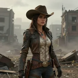 fallout 5, charismatic beautiful rugged cowboy hat wearing brunette female protagonist, portrait, outdoors ruined cityscape, atmospheric lighting, painted, intricate, volumetric lighting, beautiful, foggy, daytime, slight overcast weather, sharp focus, deep colours, ultra detailed, by leesha hannigan, ross tran, thierry doizon, kai carpenter, ignacio fernandez rios