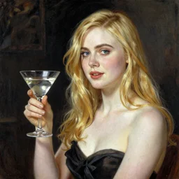 elle fanning holding a martini, extremely detailed masterpiece, illustration, by william merritt chase,