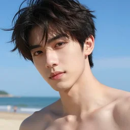 stylized anime digital close up fit young man in beach, noon blue sky, artgerm, ruan jia, craig mullins, sakimi, ilya kuvshinov, best selling expert art, global illumination volumetric lighting, realistic shading, highly detailed