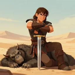 teenage conan the barbarian leans on his sword. smirking arrogantly. sleeping monster on ground. desert background. digital art. animated feature. 3 d animation. in the style of pixar, jeff pidgeon, glenn mcqueen, and tony fucile.