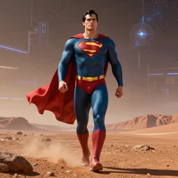 a wide angle shot from below of a male superman with a handsome bodybuilder body walking with the swagger towards camera on mars in a infinite universe, synthwave digital art