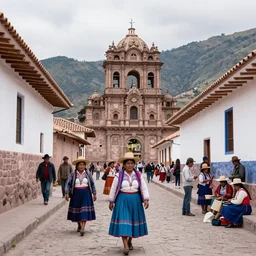 peru in the 1 8 0 0 s filled with ancient cuzco inca architecture, inca womans walking the streets, indians in traditional wear haggling with the street vendors, surreal, beautiful, hyper realistic, trending on artstation, 8 k, hd