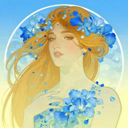portrait of a dreamer, blue - petals, summer sky, vector art by alphonese mucha
