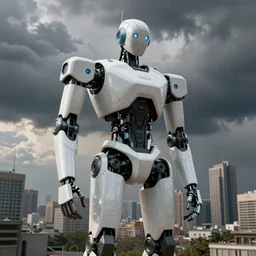 robot, city, dramatic clouds, masterpiece