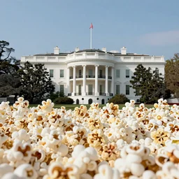 mountain of popcorn burying the White House digital art high detail