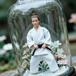 cinestill 5 0 d, 8 k ; beautiful in aikido ( 1 9 9 1 ) film still of zen glass garden flower scene in frontiers in porcelain photography fashion june medium full shot closeup portrait edition ; hyperrealistic real - life azure eyes britt marling porcelain gauze aikido figurine in victorian glass jar, tilt shift background