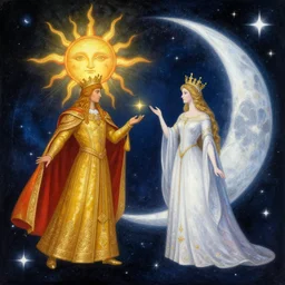 sun king and moon queen in the cosmic court of mystical astronomy, art by james c. christensen and marc simonetti