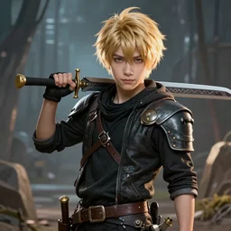 An epic fantasy comic book style portrait painting of a young blonde boy thief in the style of the linkin park, unreal 5, DAZ, hyperrealistic, octane render, cosplay, RPG portrait, dynamic lighting