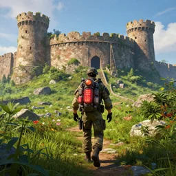 edge of tomorrow soldier with deadspace backpack lights wanders through a beautiful overgrown ancient fort. by gustave dore. 8 k, vray, unreal engine, blender cycles, colorful