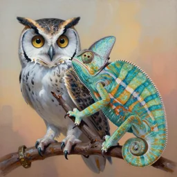 painting of hybrid between owl & chameleon, intercrossed animal, mixture animal, by zdzislaw beksinski, by lewis jones, by mattias adolfsson, by tiffany bozic, cold hue's, warm tone gradient background, concept art, beautiful composition, digital painting