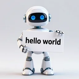 a robot holding a sign that reads 'hello world'