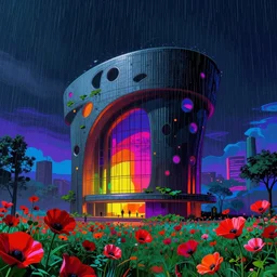 architecture by etel adnan, extraterrestial vaporwave assassin's creed liberty city thermal imaging reclaimed by nature rain night otherworldly scumm bar galactic universe poppy tokyo cgsociety landscape wilderness, archdaily, wallpaper, highly detailed, trending on artstation.