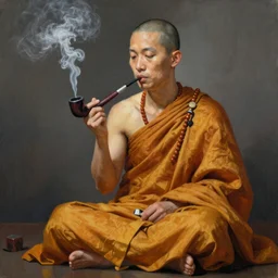 monk smoking a pipe of music, in trance, award winning art by Tom Bagshaw