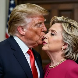 realistic portrait of Donald trump kissing Hillary Clinton, hyperrealistic