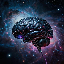 2 8 mm macro photo of an anatomically detailed dark black shiny plastic metallic brain with sparkling neon lights in a nebula with electric wires as seen from a distance, by greg rutkowski, canon 5 0 mm, film, photography, cyberpunk, esuthio, craig mullins, cinematic lighting, dystopian scifi gear, gloomy, mechanical, implants, solarpunk