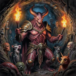 airbrush drawing macro packed with filth, sewer tunnel baphomet orcus hybrid, full bodied premiered, random animal | viscera as god |, carapace armor, claustrophobically crowded into a deep in sewer terrifying tunnel, chris foss, enric torres, wayne d barlowe, geof darrow, alberto bontempi, feng zu hyper realism, torch light,