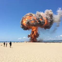 sunny day at the beach blue sky big explosion on the horizon and few people watching it war apocalyptic photorealistic