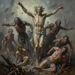 oil paint of flayed god machines, embattled via rotting, by alberto bontempi, alex ross, shigeru komatsuzaki, wayne d barlowe, alex ross, stefano tamburini, simon bisley & boris vallejo, enric torres, hyper realism, narrative light, muted colors, epic, hyper detailed, awe inspiring, award winning horror, narrative