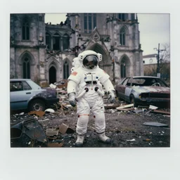 faded photographs of american white spacesuit chubby astronaut in postapocalyptic abandoned destroyed cathedral, wrecked buildings, destroyed flipped wrecked cars, polaroid photo, vintage, 1 9 8 5, neutral colors, rainy day, by gregory crewdson