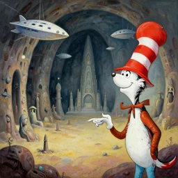 subterranean necropolis in the style of dr. seuss, starships, painting by francis bacon
