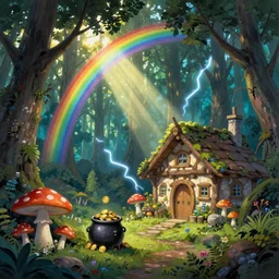 A hyper real comic book style painting of an enchanted irish forest with toadstools and forest hut. Rainbow in the trees, pointing to pot of gold, sun beams flowing through the trees. Octane render, dynamic lightning.