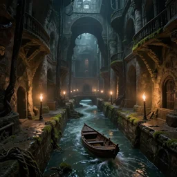 inside the ancient flooded sewers in the old part of the city. fantasy art, layers of architecture, adventure, wet, standing water, channel, canal, boat, lamp, running water, stream, channel, musty, moss, sewage, dark, underground, abandoned spaces, torch - lit. by piranesi and bierstadt. colorized.