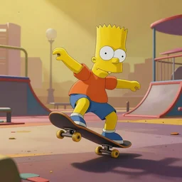 (Bart Simpson) skateboarding at a playground in Night City Cyberpunk 2077, muted cyberpunk style, high energy, desolate, atmospheric, hazy, sweltering, autochrome, 8K, 4K, reflections, octane render, unreal engine 5