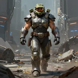 a beefy body builder muscular female warrior walking in a cyberpunk wasteland facing the camera, mjolnir armor from halo infinite without a helmet, female face features, 8K, octane render, Digital painting, concept art, illustration, sharp focus, centered, good value control, realistic shading, rational painting, rubber undersuit