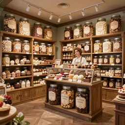 Inside an old sweet shop, large jars on shelves, beautiful labels, fantasy vendor interior, wide angle, cinematic, highly detailed, photorealistic, rich bright colors, trending on artstation