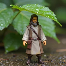 Macro photography, 80mm Resin figure model of Qui-Gon Jinn, sheltering under a leaf in a garden, during the rain