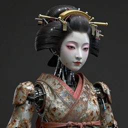 Portrait of a slightly rusty, beaten-up Japanese robotic geisha with wires and actuators, dramatic lighting, hyper-realistic, ultra-realistic, concept art, intricate details, 8K Ultra High Definition, digital art