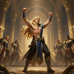 Dio as a blond male demigod with beautiful long curly hair proclaiming victory over his subjects, grandiose royal palatial staging, official league of legends splash art, artstation HD