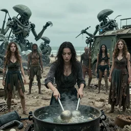 she makes the deep boil. dark fantasy about casually - dressed women with male humans in dirty seaside town, a globster, and beautiful song. color!! cinematic still from a 2 0 1 1 action - packed hunting!!! hybridizing!! alien - robot invasion science - fiction movie by m night shyamalan. assimilating alien military vehicles and weapons.