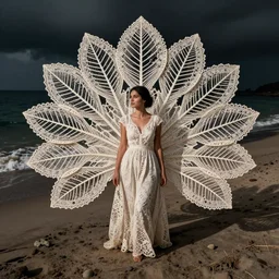 a woman standing on a beach, made of intricate decorative lace leaf skeleton, shot from a drone, in the style of the dutch masters and gregory crewdson, dark and moody
