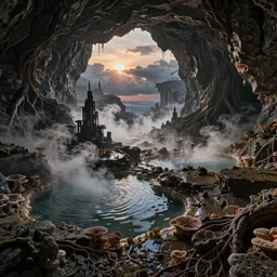 dark wet expansive caves with growing fungal mycelium biodiversity ,deep boiling pools of water reflecting the surfaces around them spraying steam high into the air , small futuristic cities emerge in between the rock formations, dramatic dusk sun illuminates areas and cast strong shadows, volumetric light through the boiling mist ,detailed entangled fibres carpet the fallen rocks , tree roots puncture and crack rocks , stormy clouds gather in the distance ,full colour , upscale , 8k