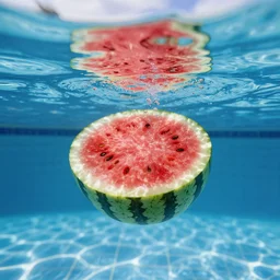 a view under water in a swimming pool of a watermelon floating on the surface