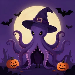 a witchy vampire octopus, while trick or treating on halloween night, in the style night in the woods, digital, halloween decorations, seaside cafe, boardwalk, pink, yellow, black, ground level shot, macro camera, focused, night, colorful led lights, chromatic aberration, vampire, octopus, four legs