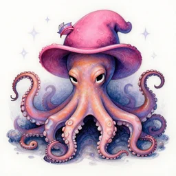 multicolor drawing of a sad octopus wearing a pink hatin 4 k ultra high resolution, with arcane style with depressive feeling
